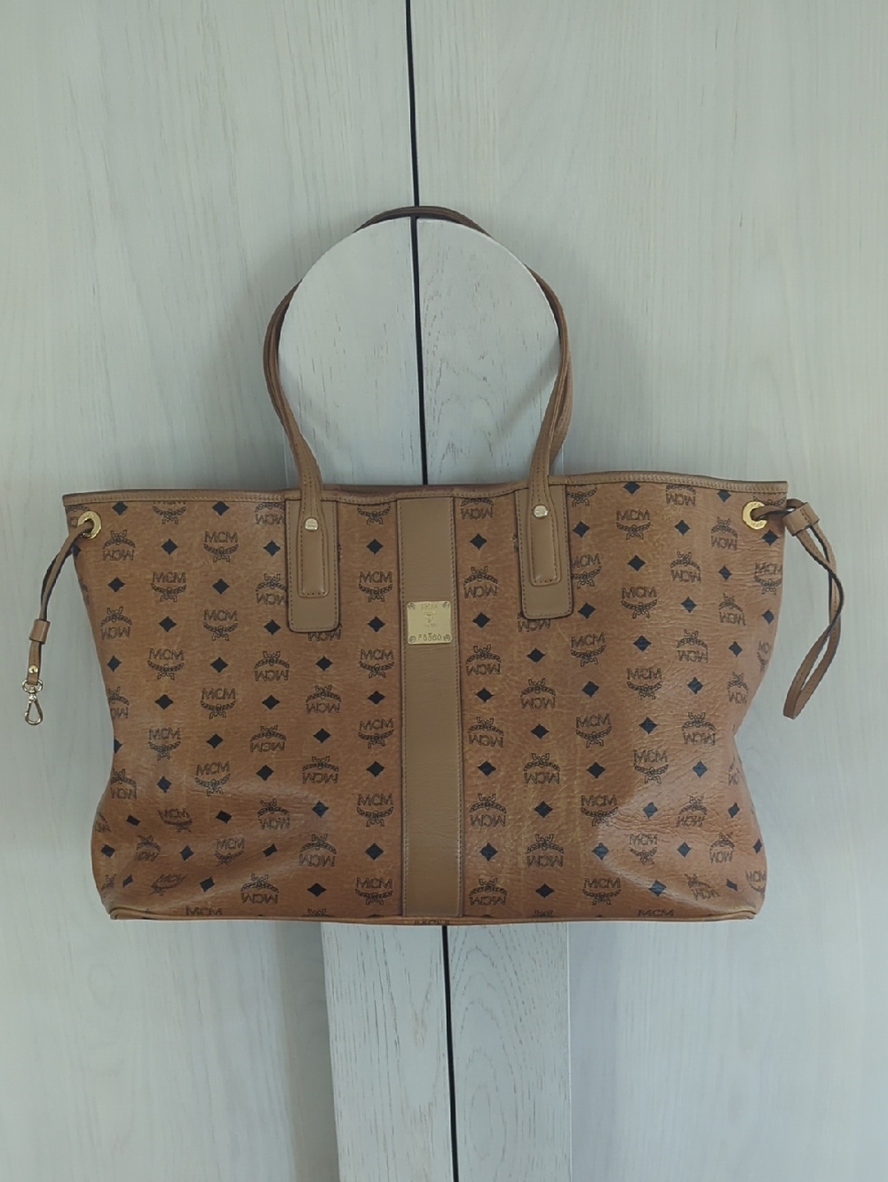 MCM Cognac Visetos Logo Canvas Tote with Leather Trim